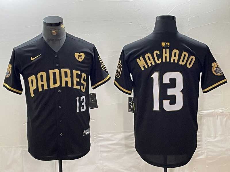 Men%27s San Diego Padres #13 Manny Machado Black Gold With Patch Cool Base Stitched Baseball Jersey